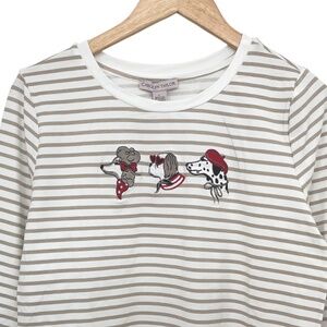NWT Carolyn Taylor Fancy Dogs Embroidered 3/4 Sleeve Striped Shirt Women’s Large